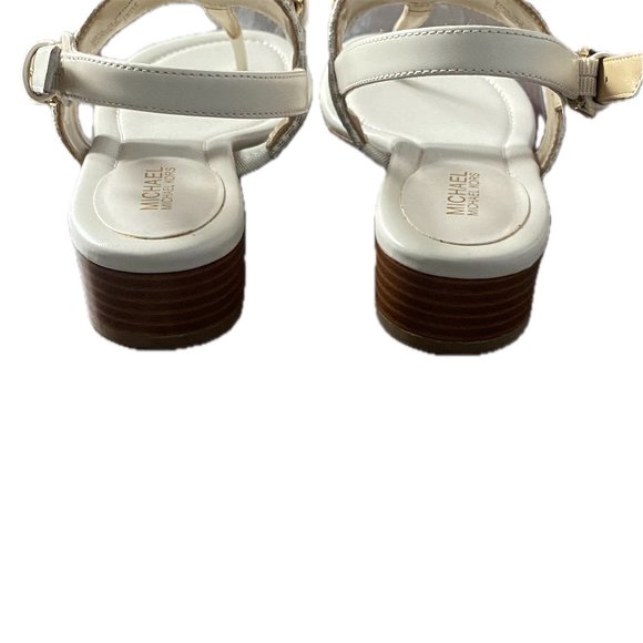 Michael Kors White T-Strap Thong Sandals.1.25" Heel Gold Logo Sz 6 - Picture 3 of 8